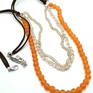 C1946 Triple Strand Salmon Glass & Clear Acrylic Beaded Necklace-Suede Cord Sign